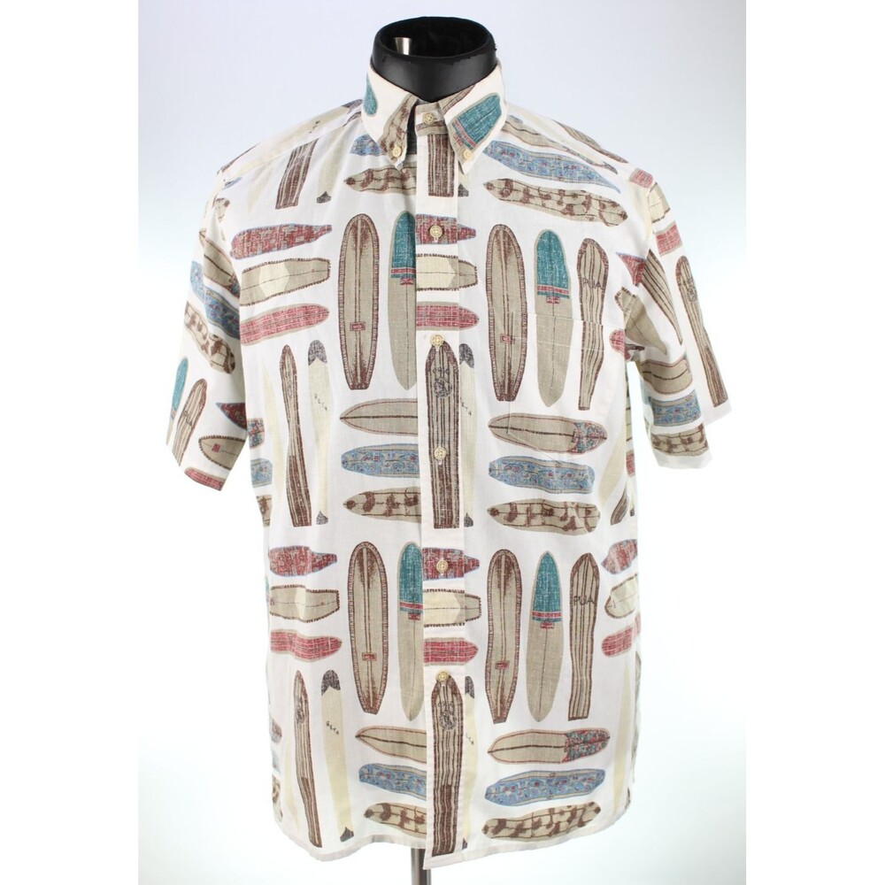 Reyn Spooner Men's Hawaiian Shirt Size Medium Surfer Surf Boards Print Off White